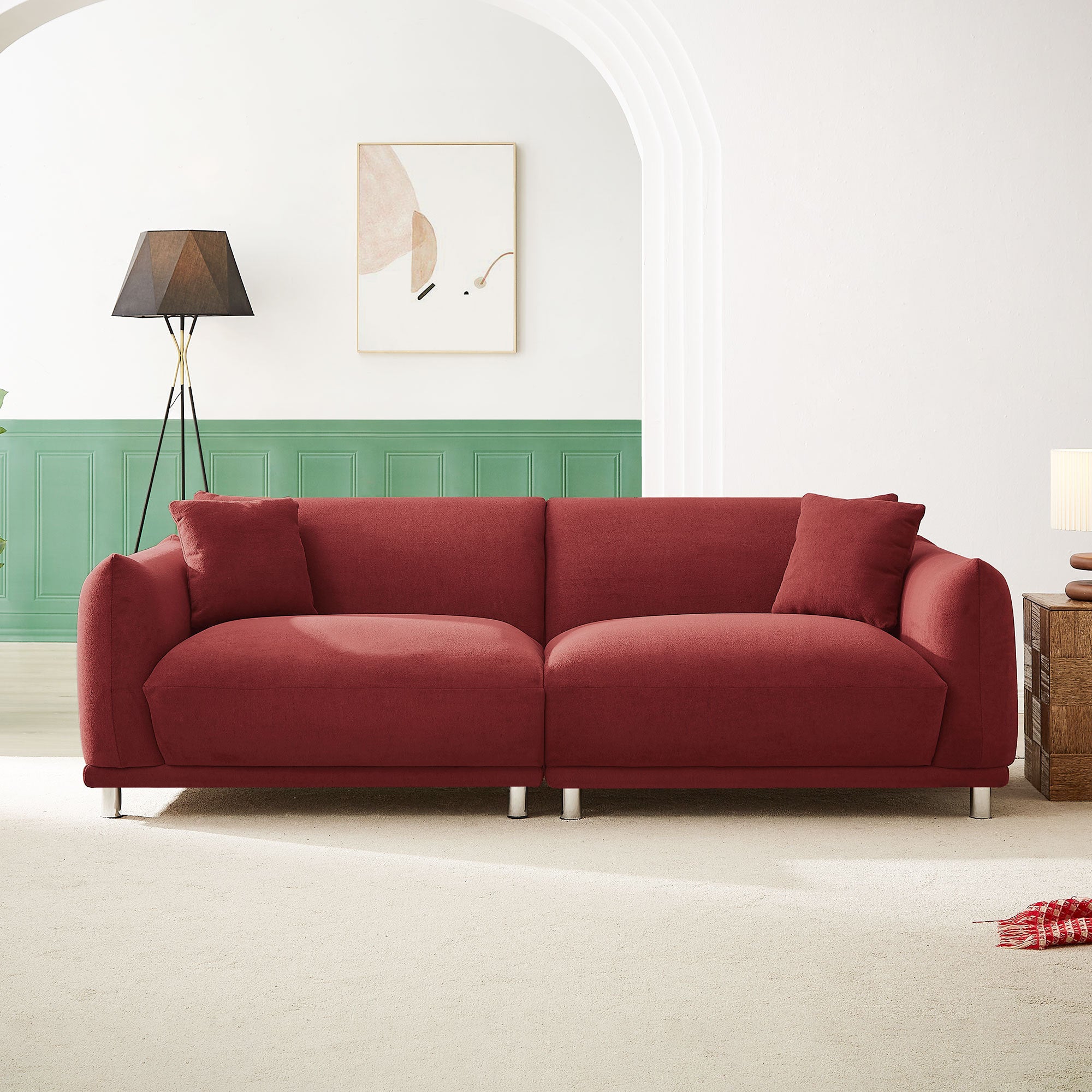 Red Loveseat Sofa Couch designed for modern living rooms, featuring plush cushions and sturdy metal feet.