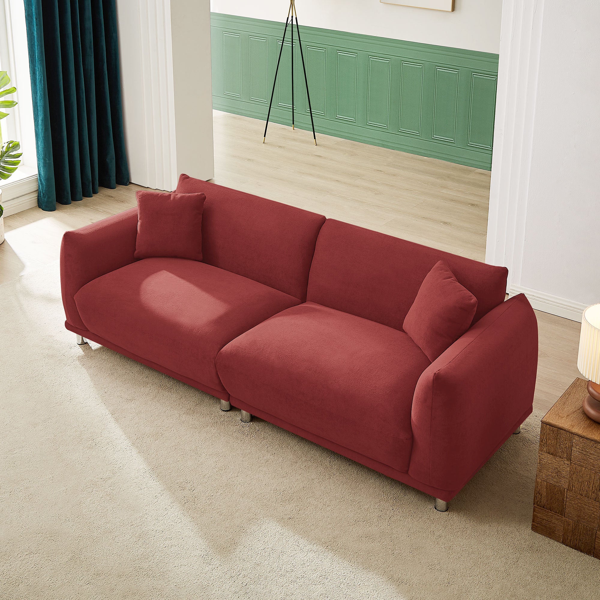 Red Loveseat Sofa Couch designed for modern living rooms, featuring plush cushions and sturdy metal feet.