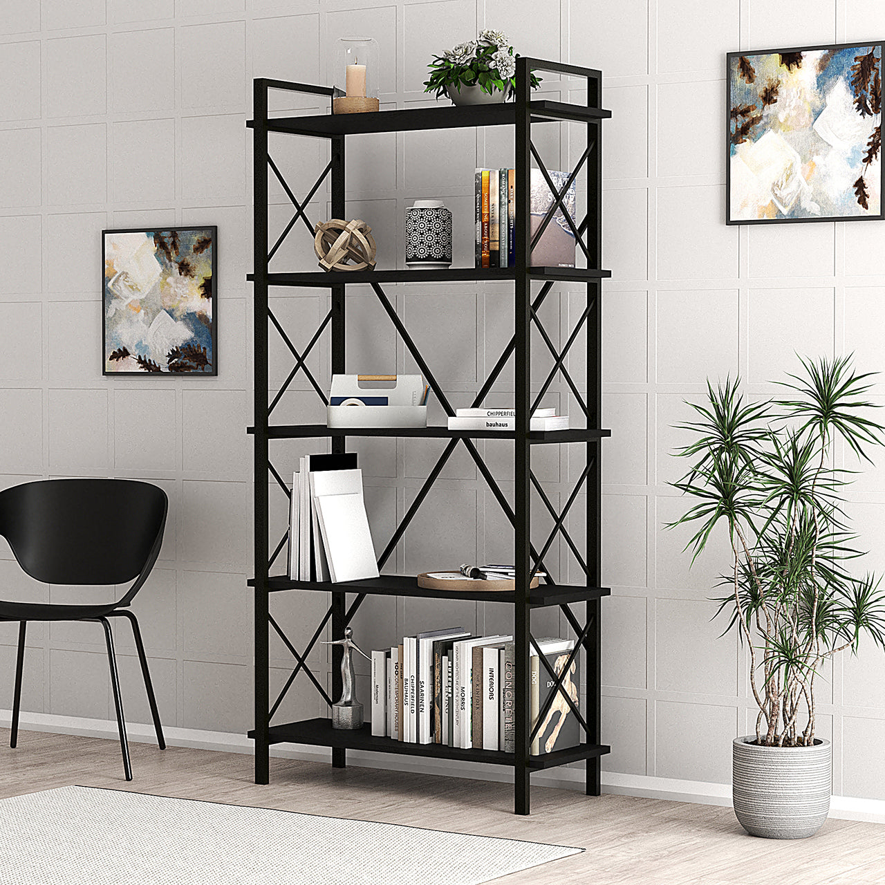 Lugo Black 5 Shelf Bookcase featuring a sleek black metal frame and wooden shelves, perfect for modern interiors.