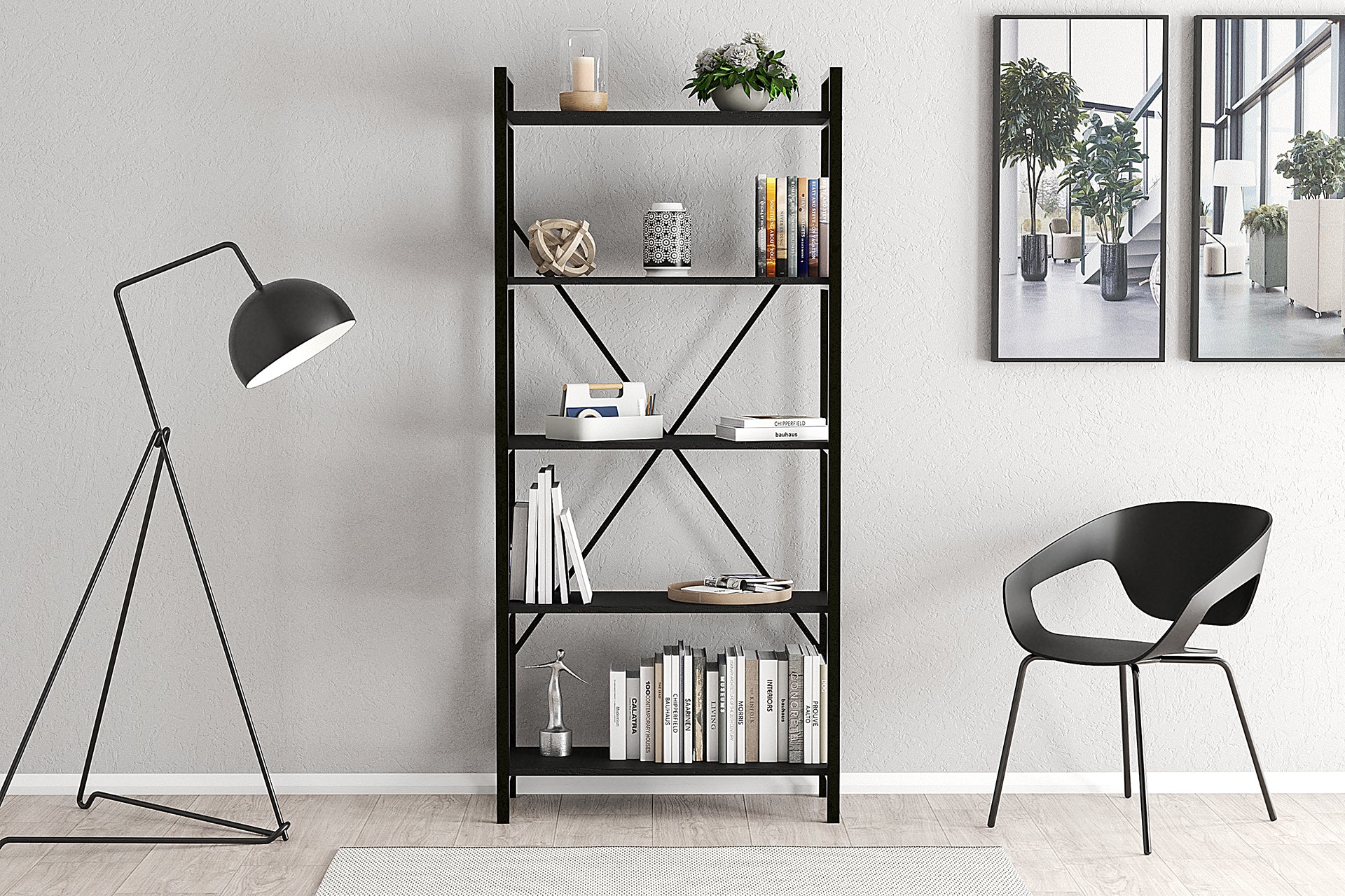 Lugo Black 5 Shelf Bookcase featuring a sleek black metal frame and wooden shelves, perfect for modern interiors.