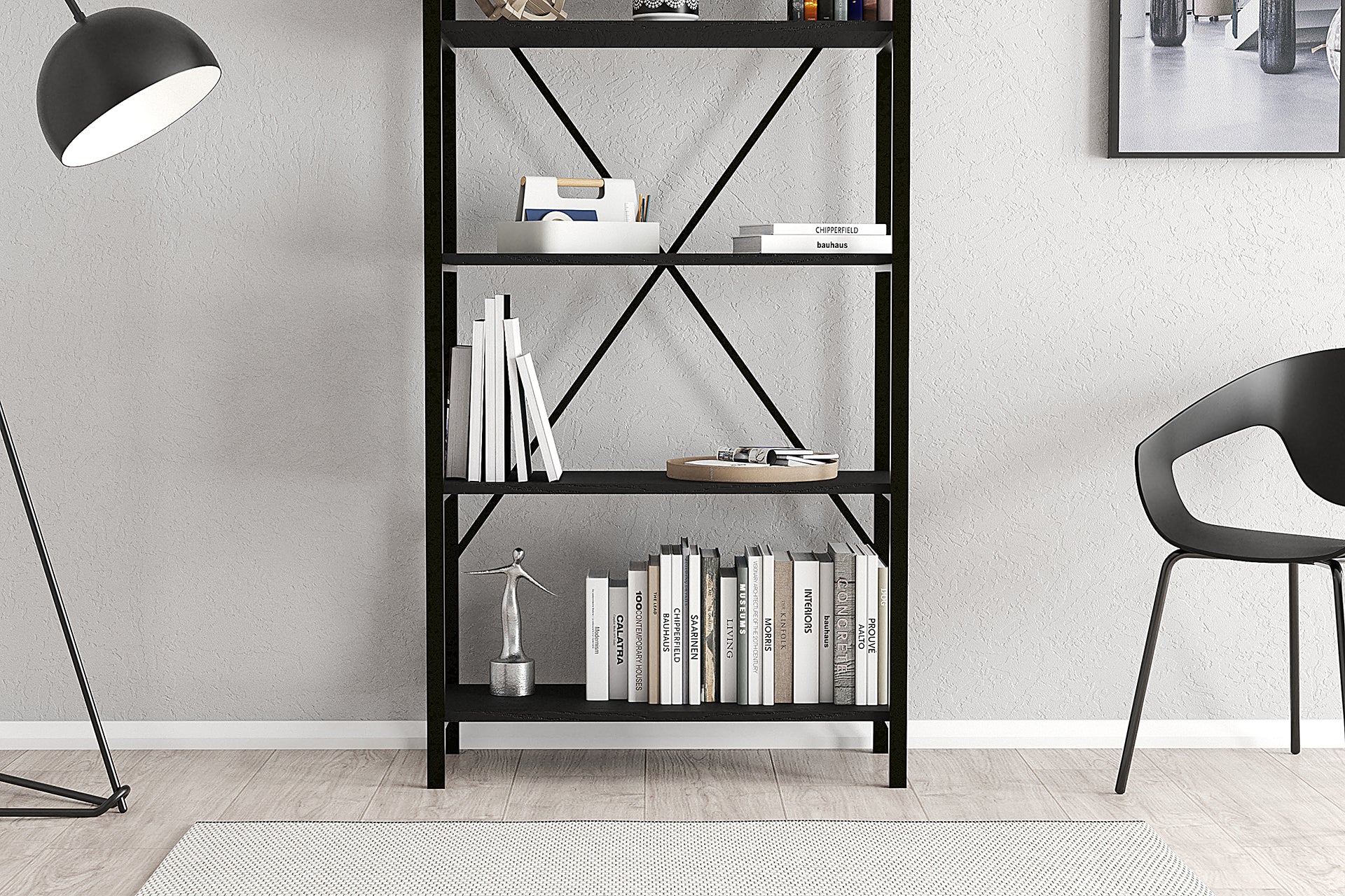 Lugo Black 5 Shelf Bookcase featuring a sleek black metal frame and wooden shelves, perfect for modern interiors.