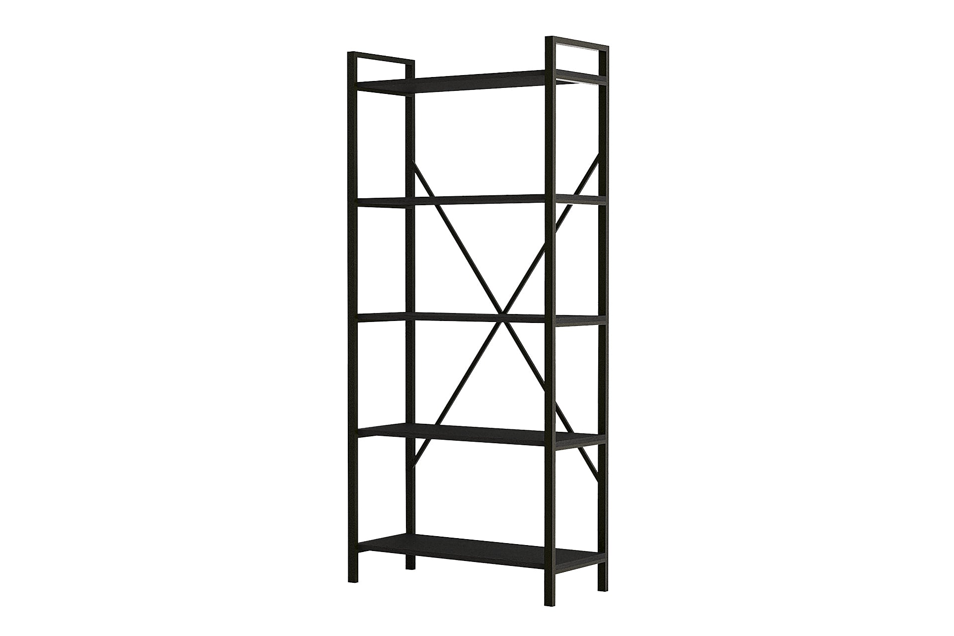 Lugo Black 5 Shelf Bookcase featuring a sleek black metal frame and wooden shelves, perfect for modern interiors.