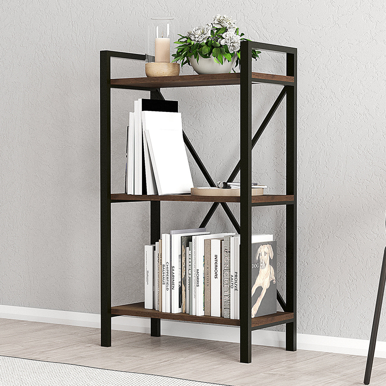 Lugo Walnut 3 Shelf Bookcase featuring a modern industrial design with a walnut finish and black metal frame, elegantly displaying books and decor.