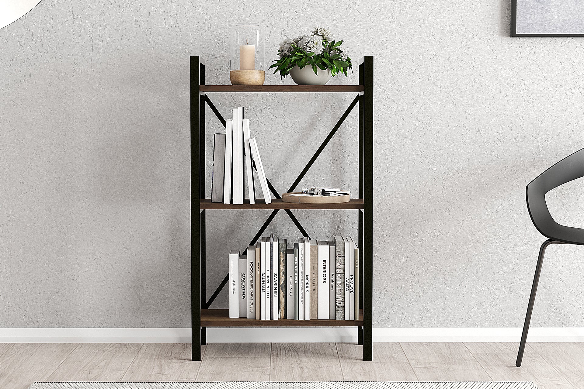 Lugo Walnut 3 Shelf Bookcase featuring a modern industrial design with a walnut finish and black metal frame, elegantly displaying books and decor.