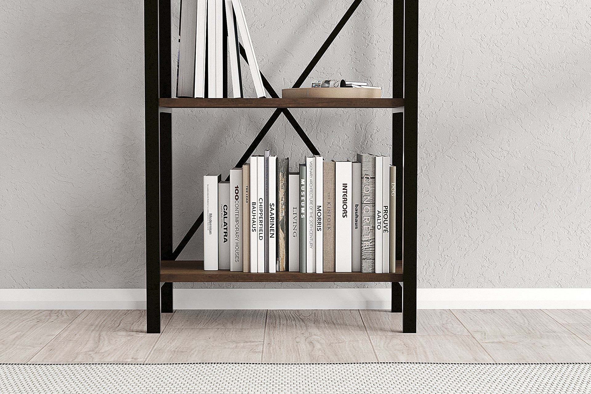 Lugo Walnut 3 Shelf Bookcase featuring a modern industrial design with a walnut finish and black metal frame, elegantly displaying books and decor.