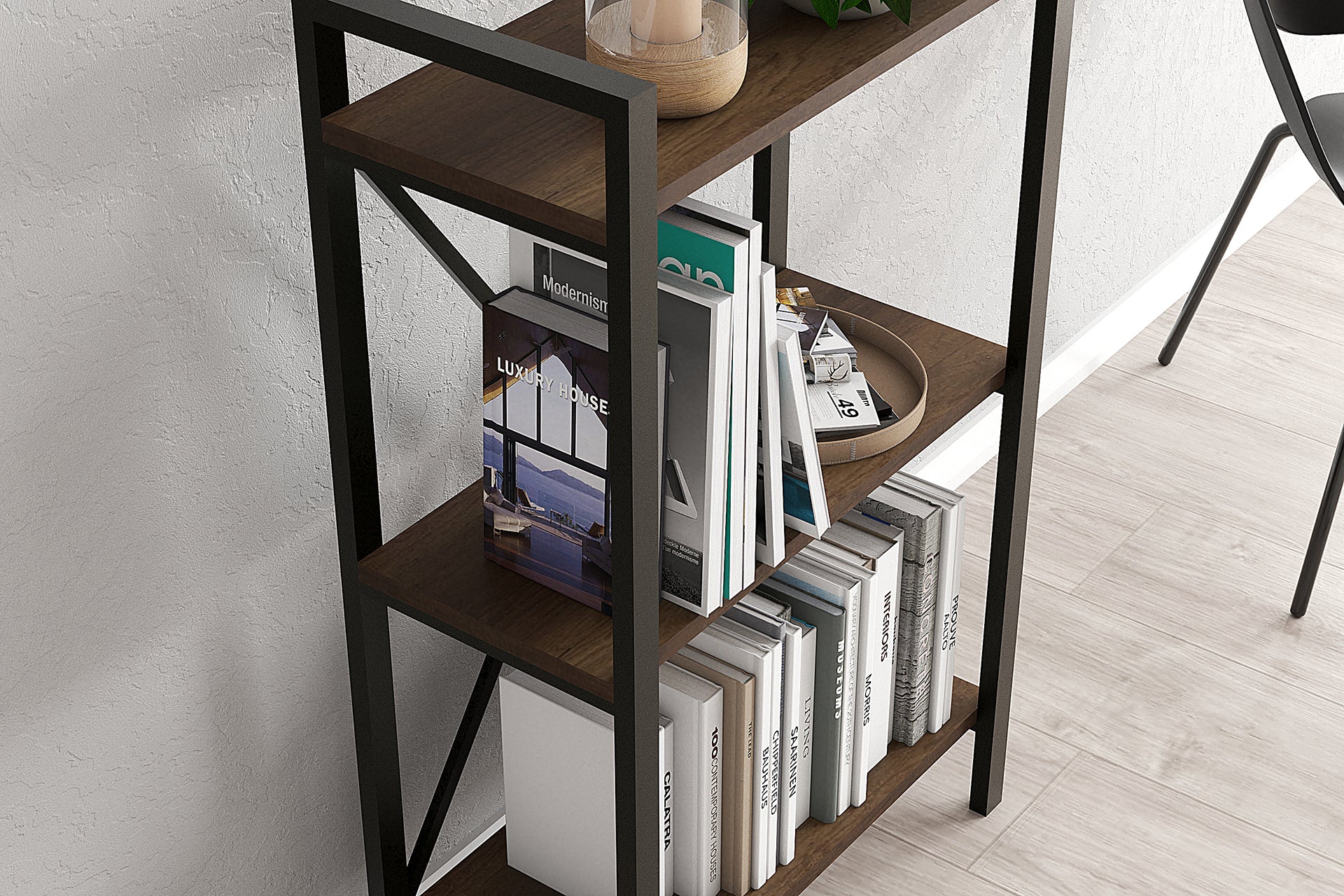 Lugo Walnut 3 Shelf Bookcase featuring a modern industrial design with a walnut finish and black metal frame, elegantly displaying books and decor.