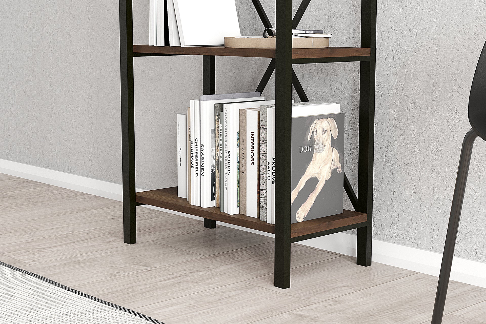 Lugo Walnut 3 Shelf Bookcase featuring a modern industrial design with a walnut finish and black metal frame, elegantly displaying books and decor.