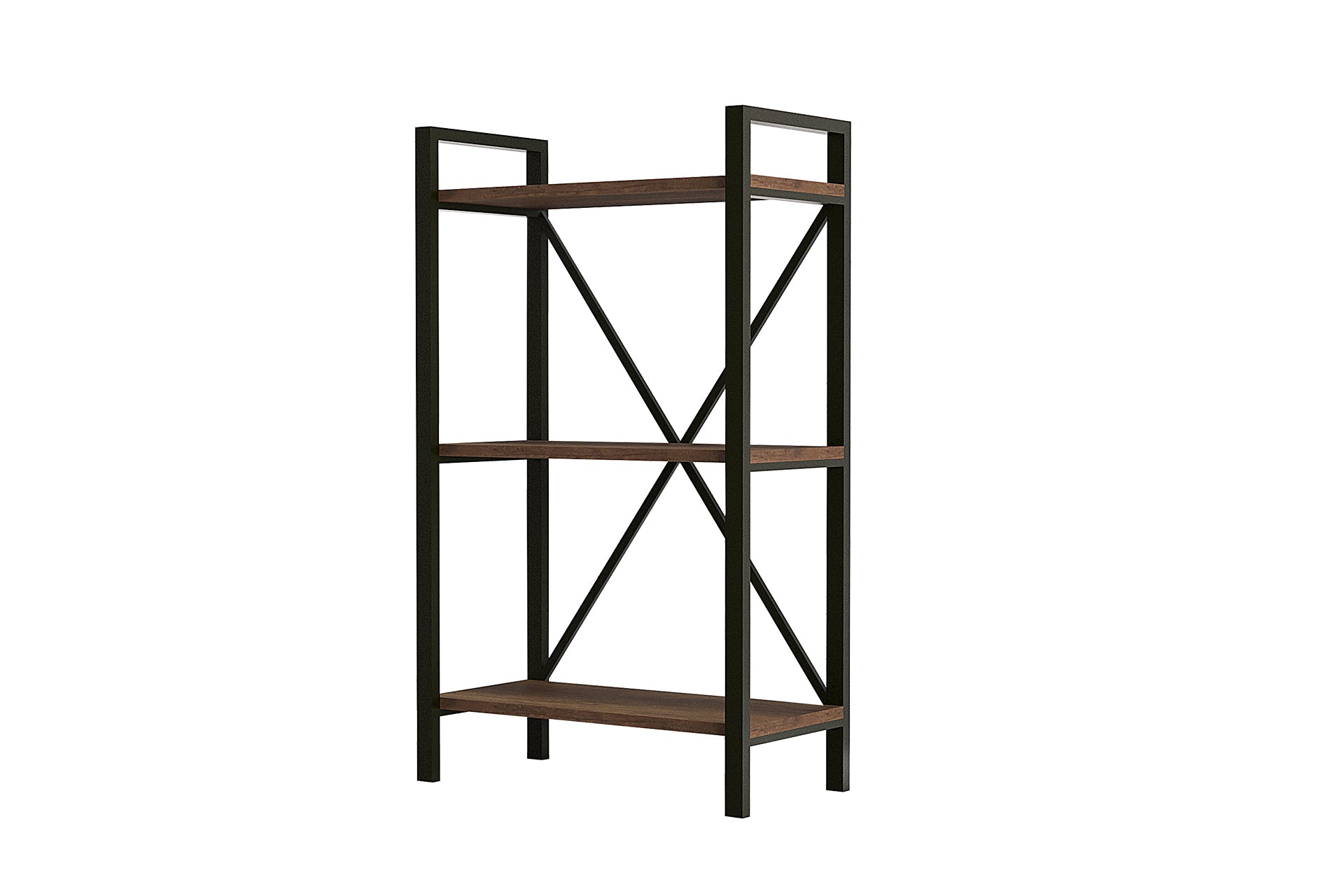 Lugo Walnut 3 Shelf Bookcase featuring a modern industrial design with a walnut finish and black metal frame, elegantly displaying books and decor.