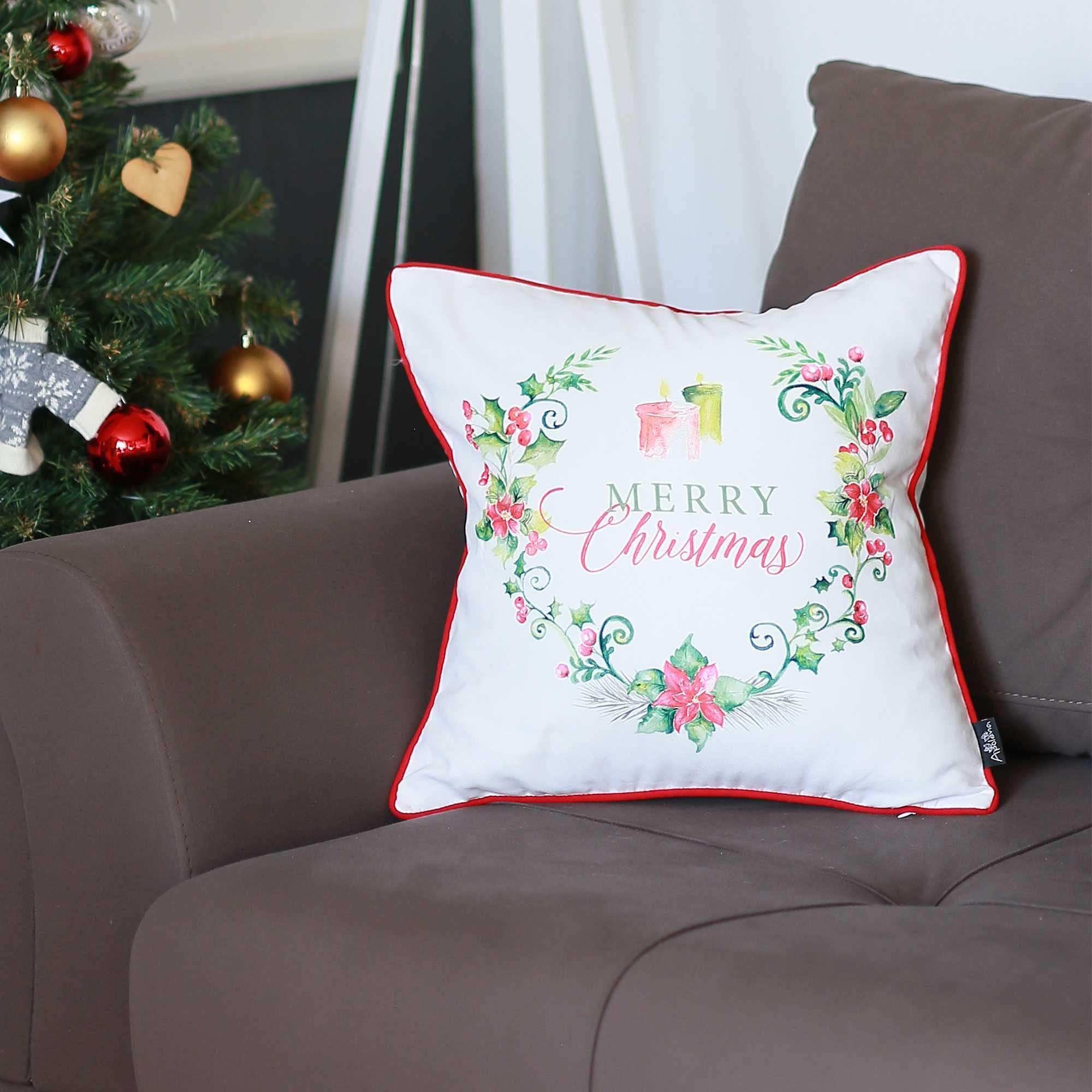 Merry Christmas Wreath Square Decorative Throw Pillow Cover featuring vibrant wreath design and red piping on a soft brushed fabric.