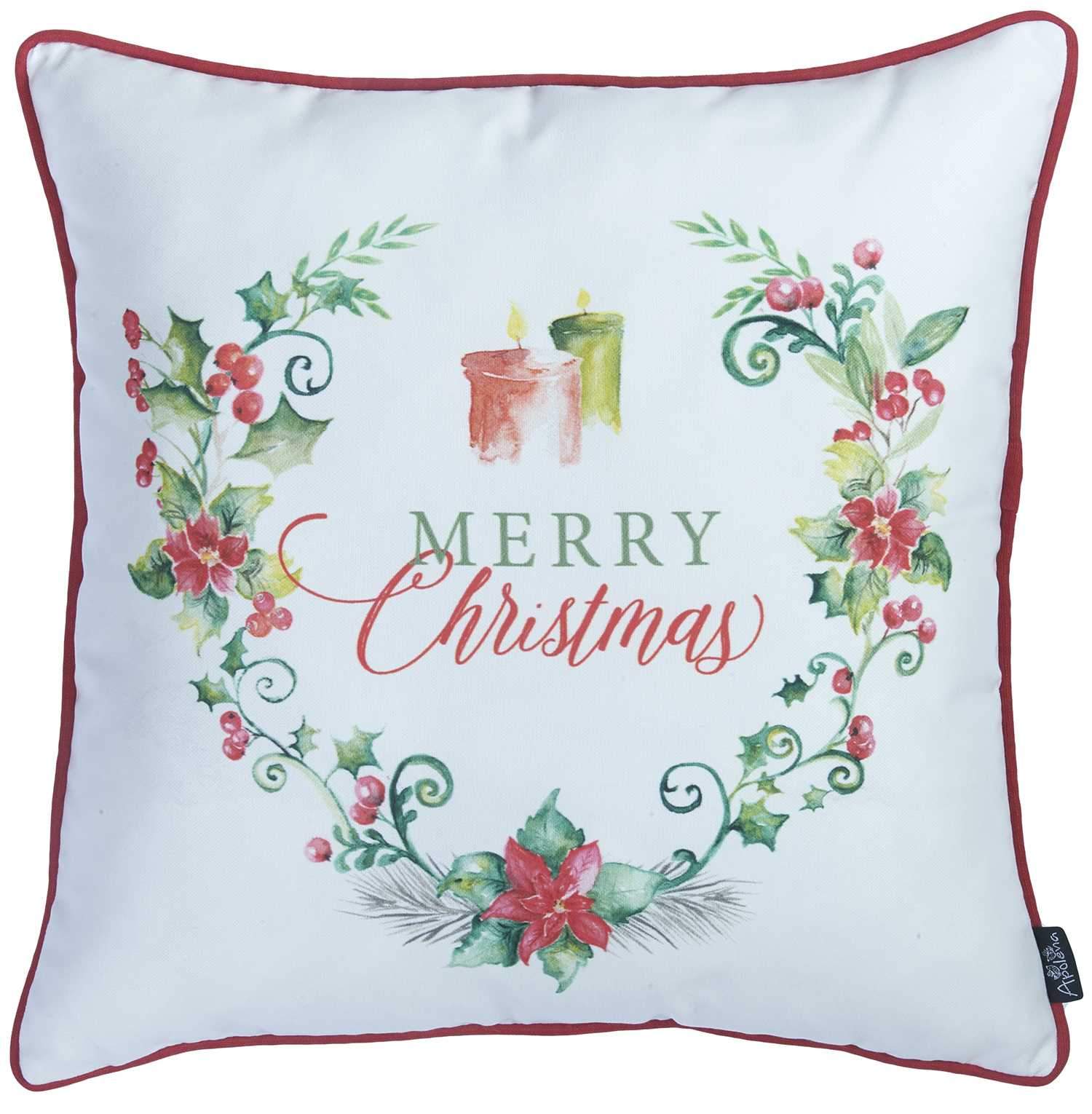 Merry Christmas Wreath Square Decorative Throw Pillow Cover featuring vibrant wreath design and red piping on a soft brushed fabric.