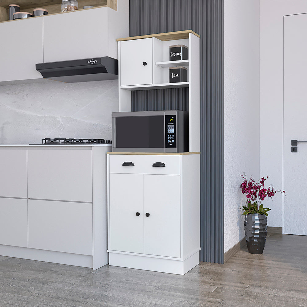 Arlington Microwave Storage Stand in white and macadamia finish with three doors and a drawer, showcasing ample storage space for kitchen essentials.