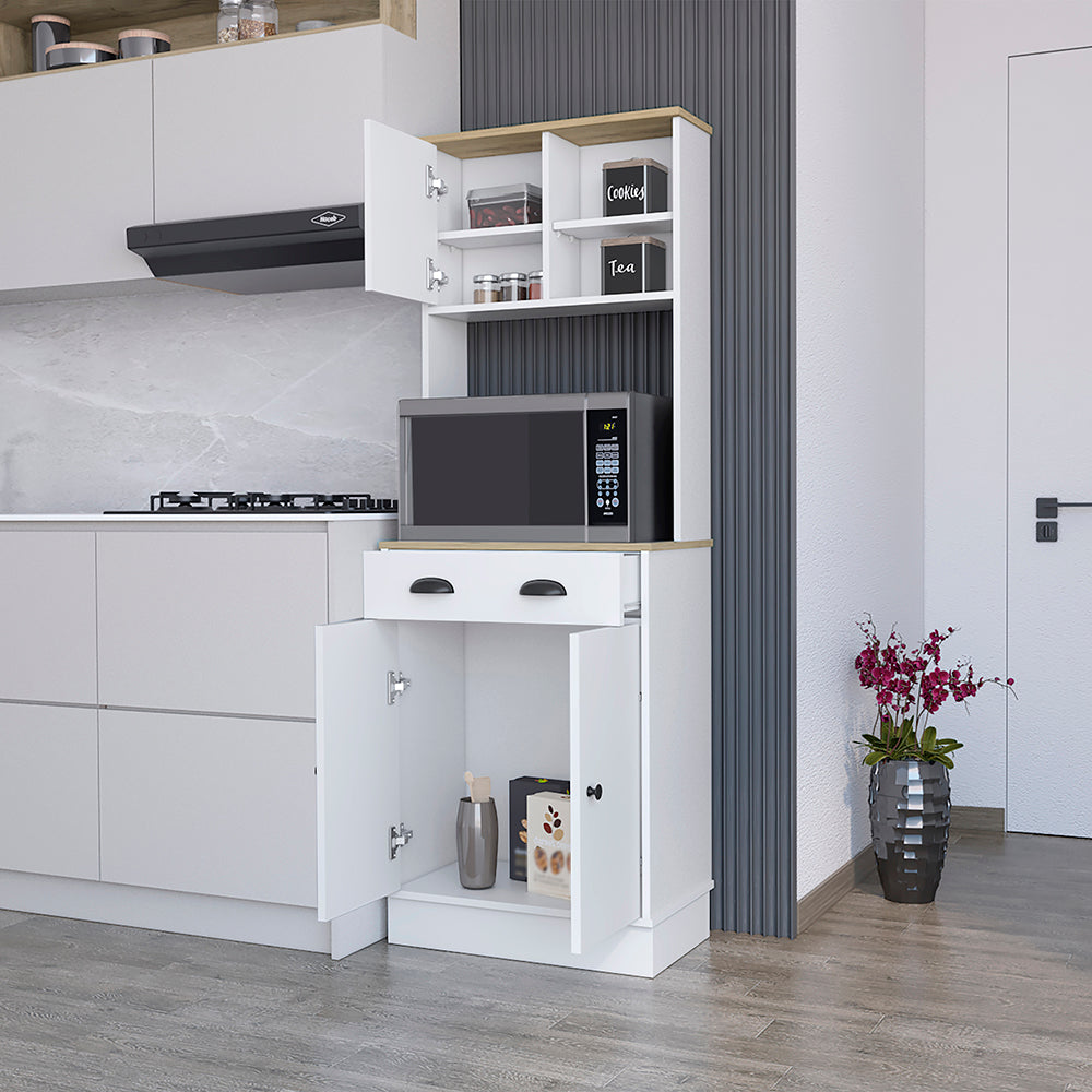 Arlington Microwave Storage Stand in white and macadamia finish with three doors and a drawer, showcasing ample storage space for kitchen essentials.