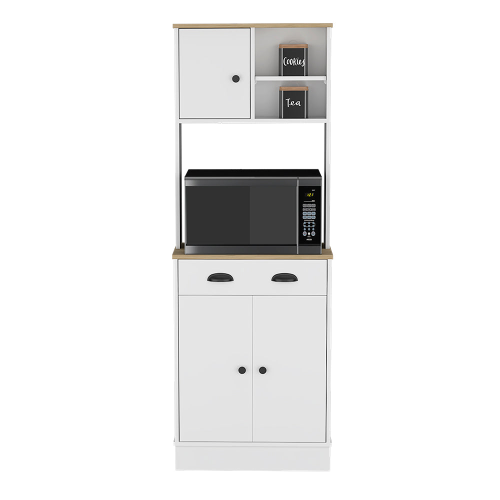 Arlington Microwave Storage Stand in white and macadamia finish with three doors and a drawer, showcasing ample storage space for kitchen essentials.