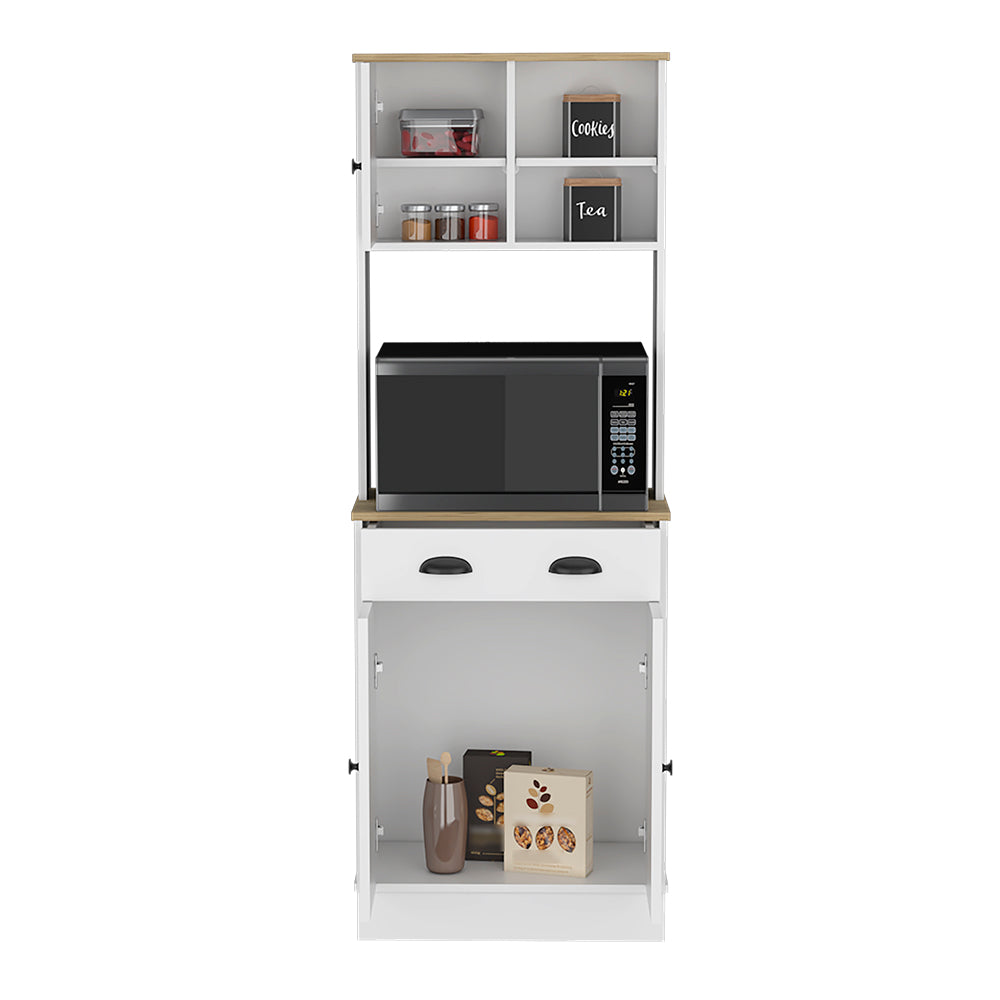 Arlington Microwave Storage Stand in white and macadamia finish with three doors and a drawer, showcasing ample storage space for kitchen essentials.