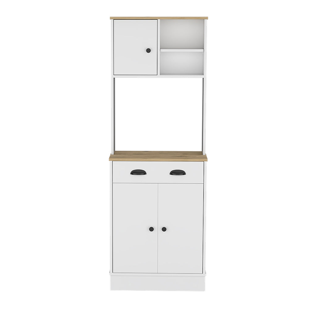 Arlington Microwave Storage Stand in white and macadamia finish with three doors and a drawer, showcasing ample storage space for kitchen essentials.