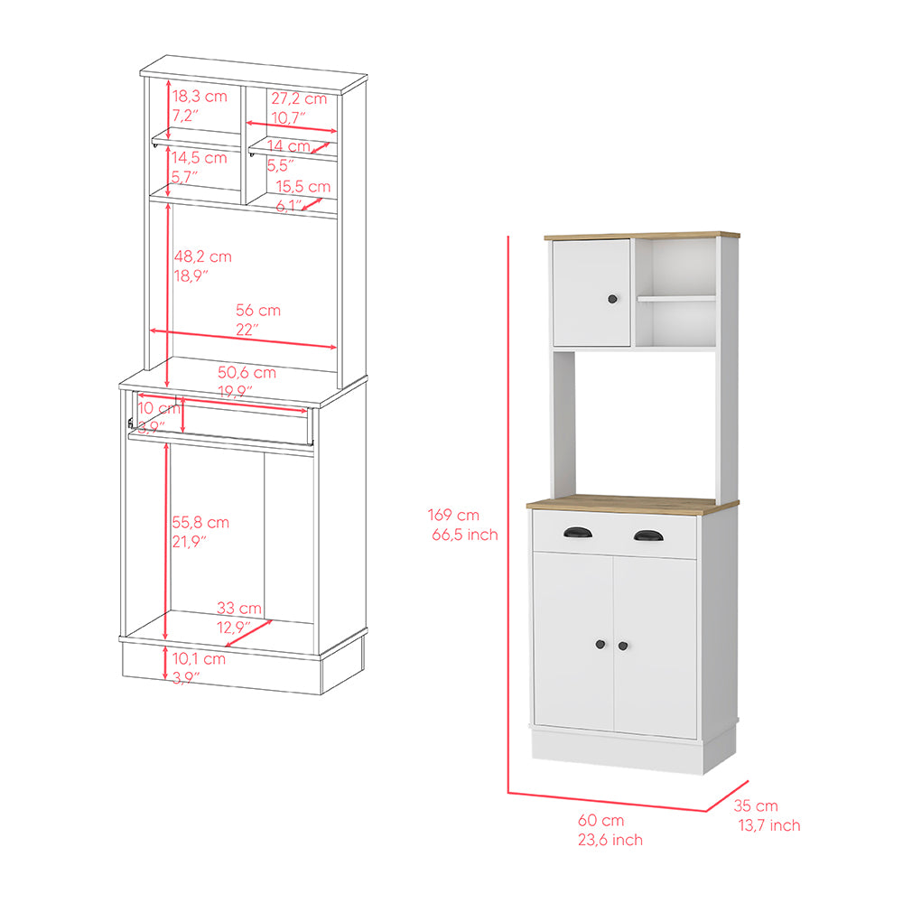 Arlington Microwave Storage Stand in white and macadamia finish with three doors and a drawer, showcasing ample storage space for kitchen essentials.