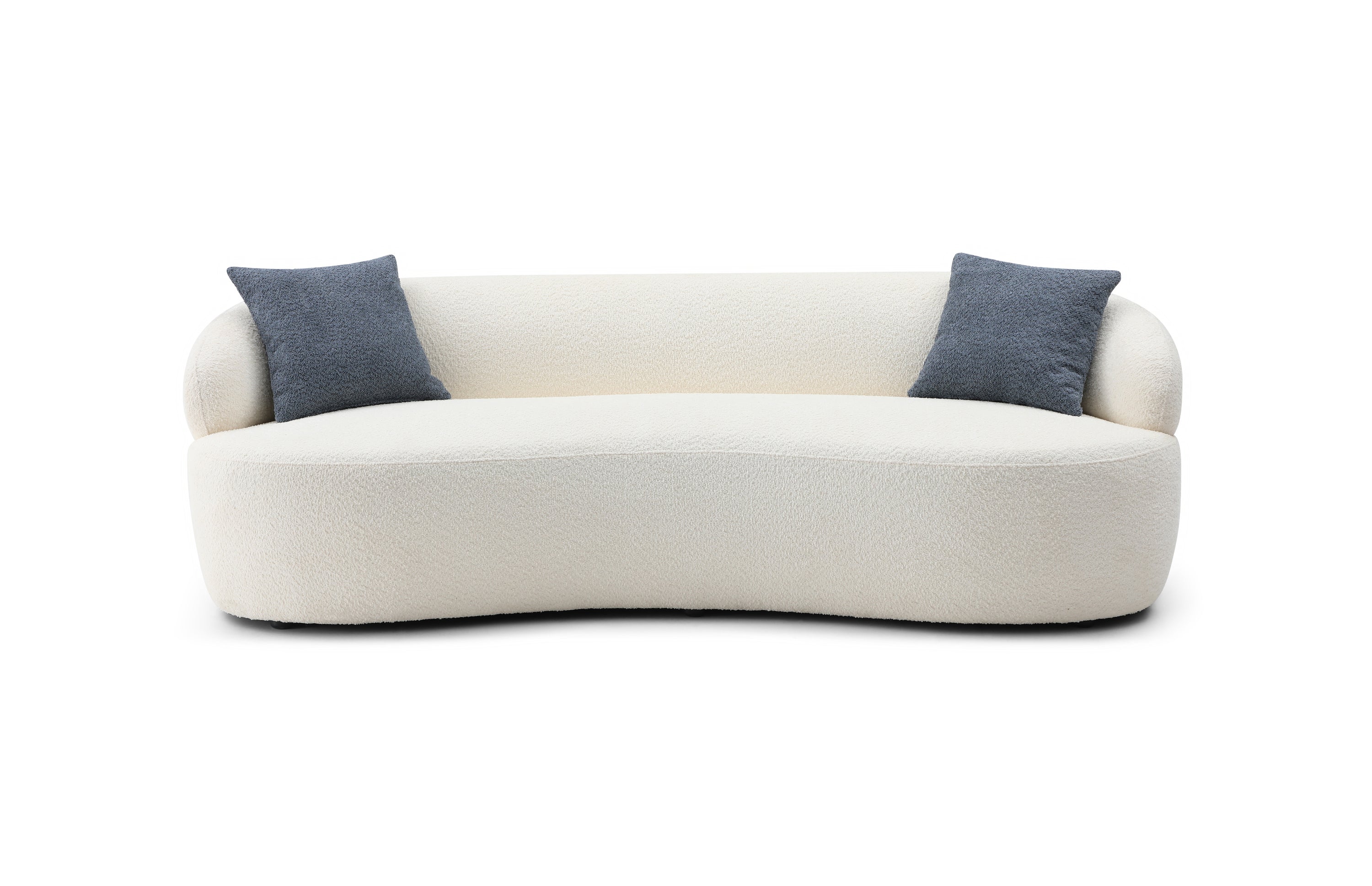 Mid Century Modern Curved Sofa in beige Boucle fabric, showcasing its elegant design and comfortable seating for three.