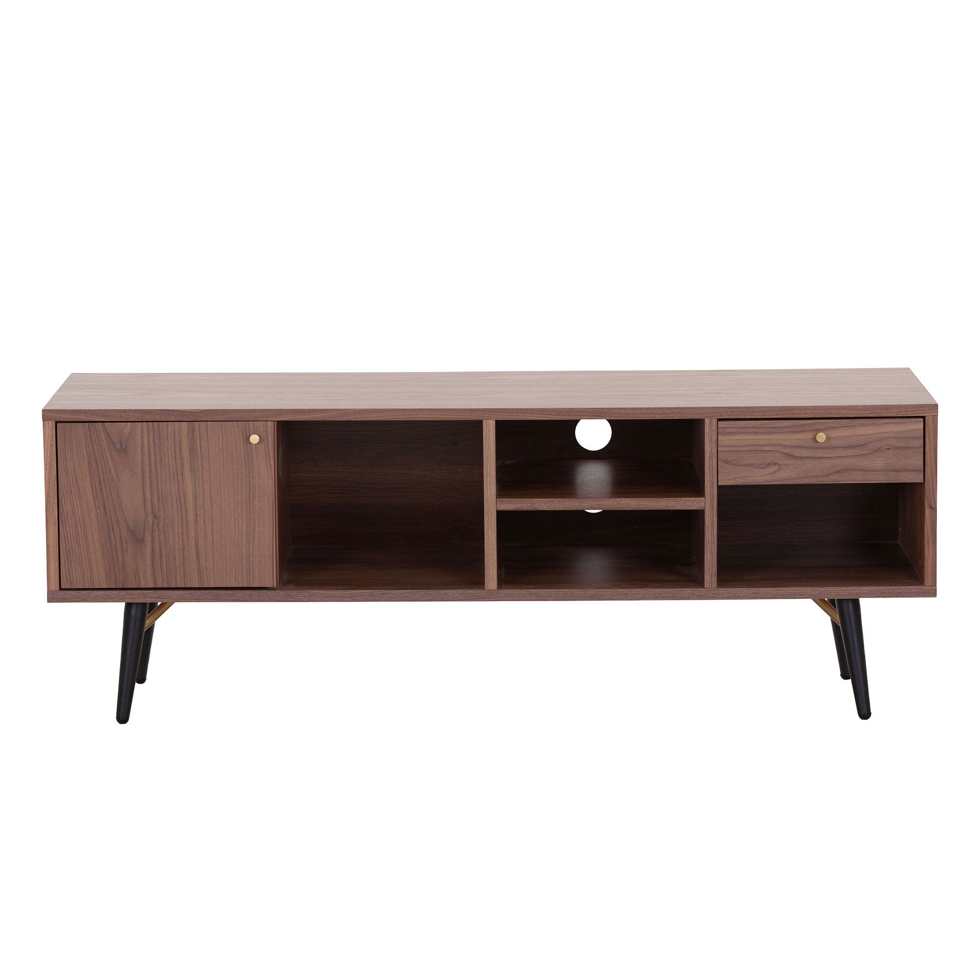 Mid-Century Modern Low Profile Media Console TV Stand in Walnut, featuring a sleek design with open and concealed shelving for storage.