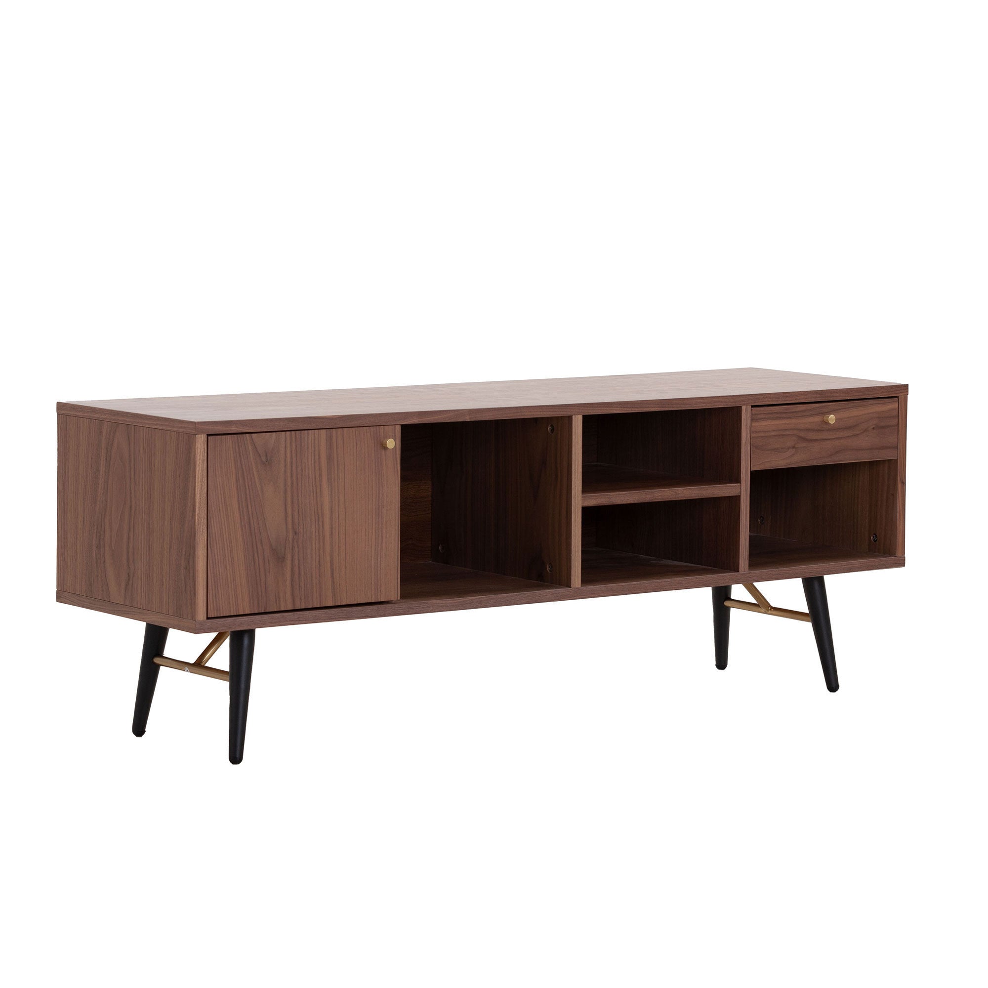 Mid-Century Modern Low Profile Media Console TV Stand in Walnut, featuring a sleek design with open and concealed shelving for storage.