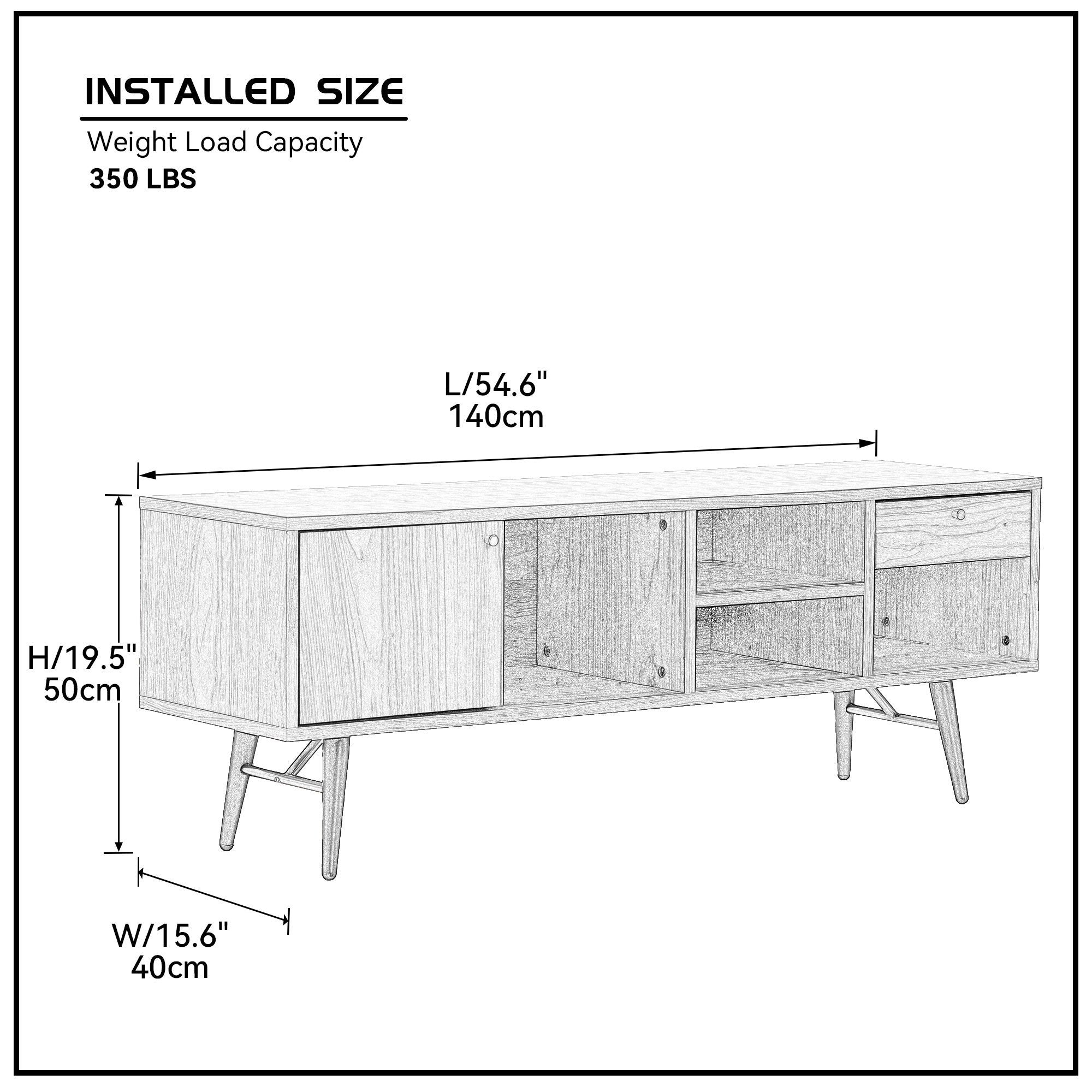 Mid-Century Modern Low Profile Media Console TV Stand in Walnut, featuring a sleek design with open and concealed shelving for storage.