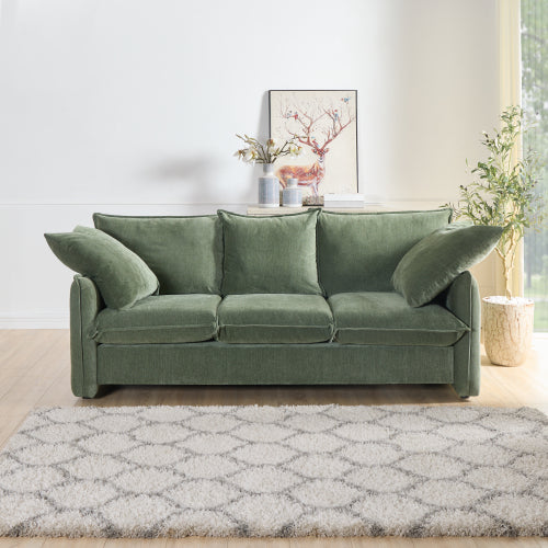 Mid-century 3 seater sofa with thick cushions and square pillows, featuring a stylish design suitable for living rooms and lounges.