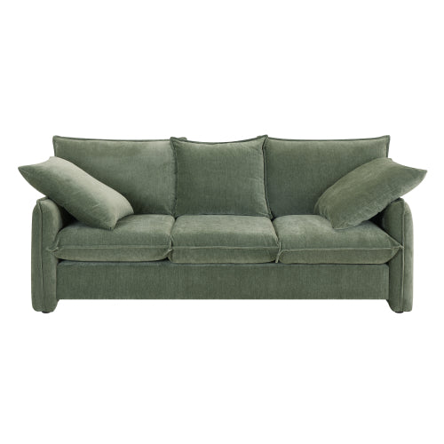 Mid-century 3 seater sofa with thick cushions and square pillows, featuring a stylish design suitable for living rooms and lounges.