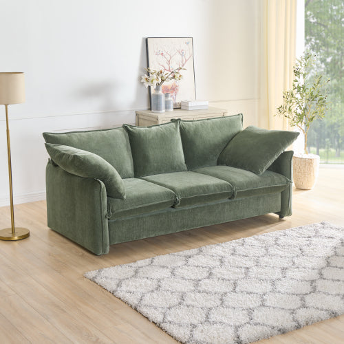 Mid-century 3 seater sofa with thick cushions and square pillows, featuring a stylish design suitable for living rooms and lounges.