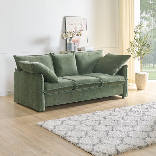 Mid-century 3 seater sofa with thick cushions and square pillows, featuring a stylish design suitable for living rooms and lounges.