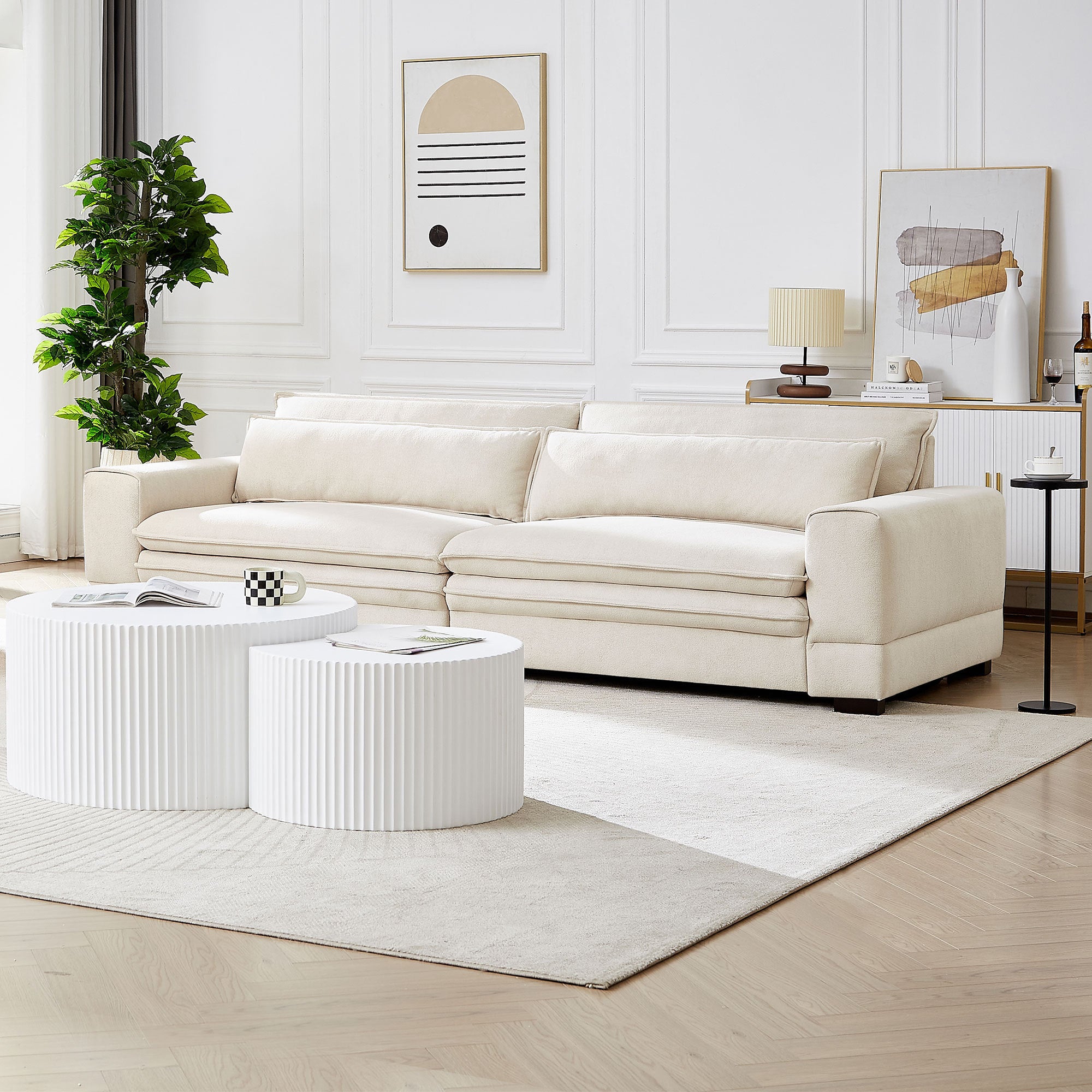 Mid-Century Sofa Couch in beige fabric, showcasing modern design and comfortable seating.