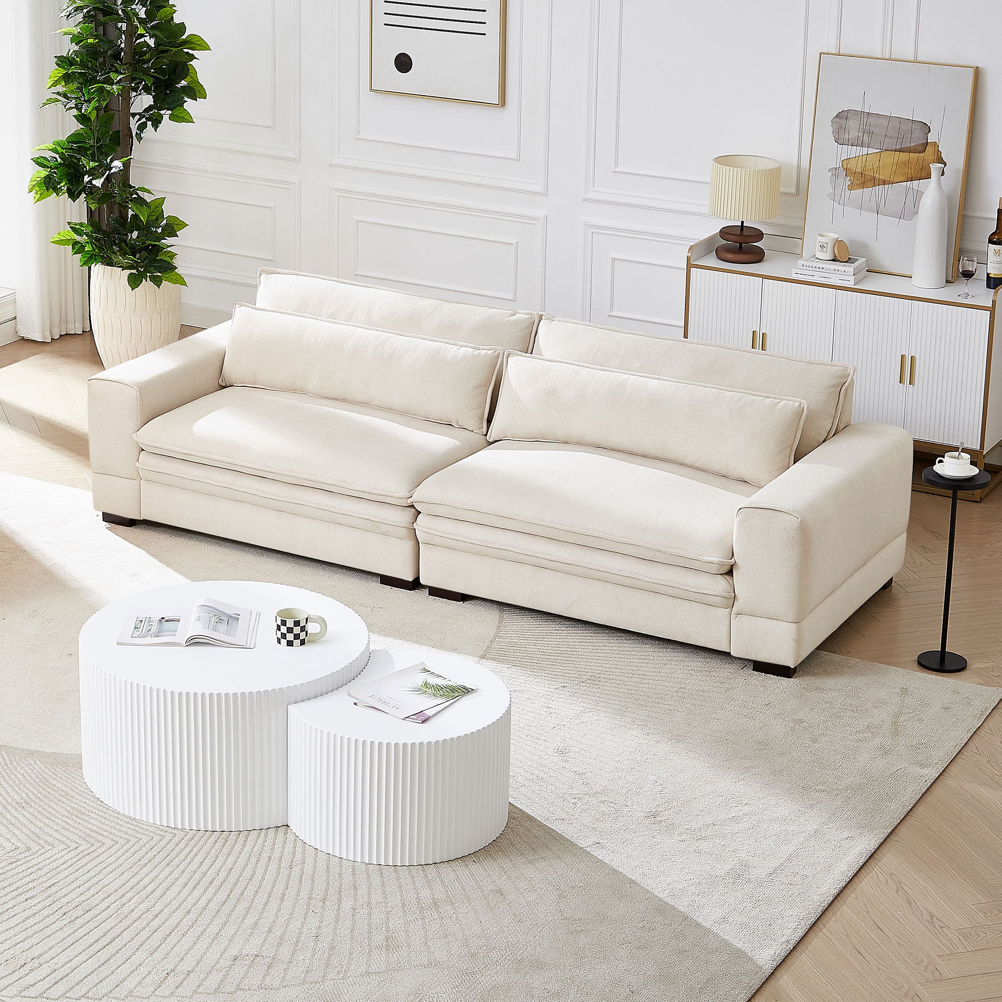 Mid-Century Sofa Couch in beige fabric, showcasing modern design and comfortable seating.