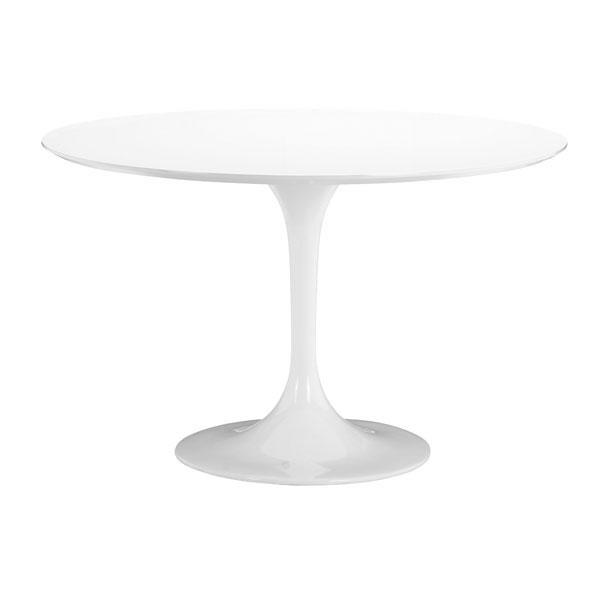 Midcentury Table White featuring a glossy round top and tulip base, showcasing elegant mid-century design.