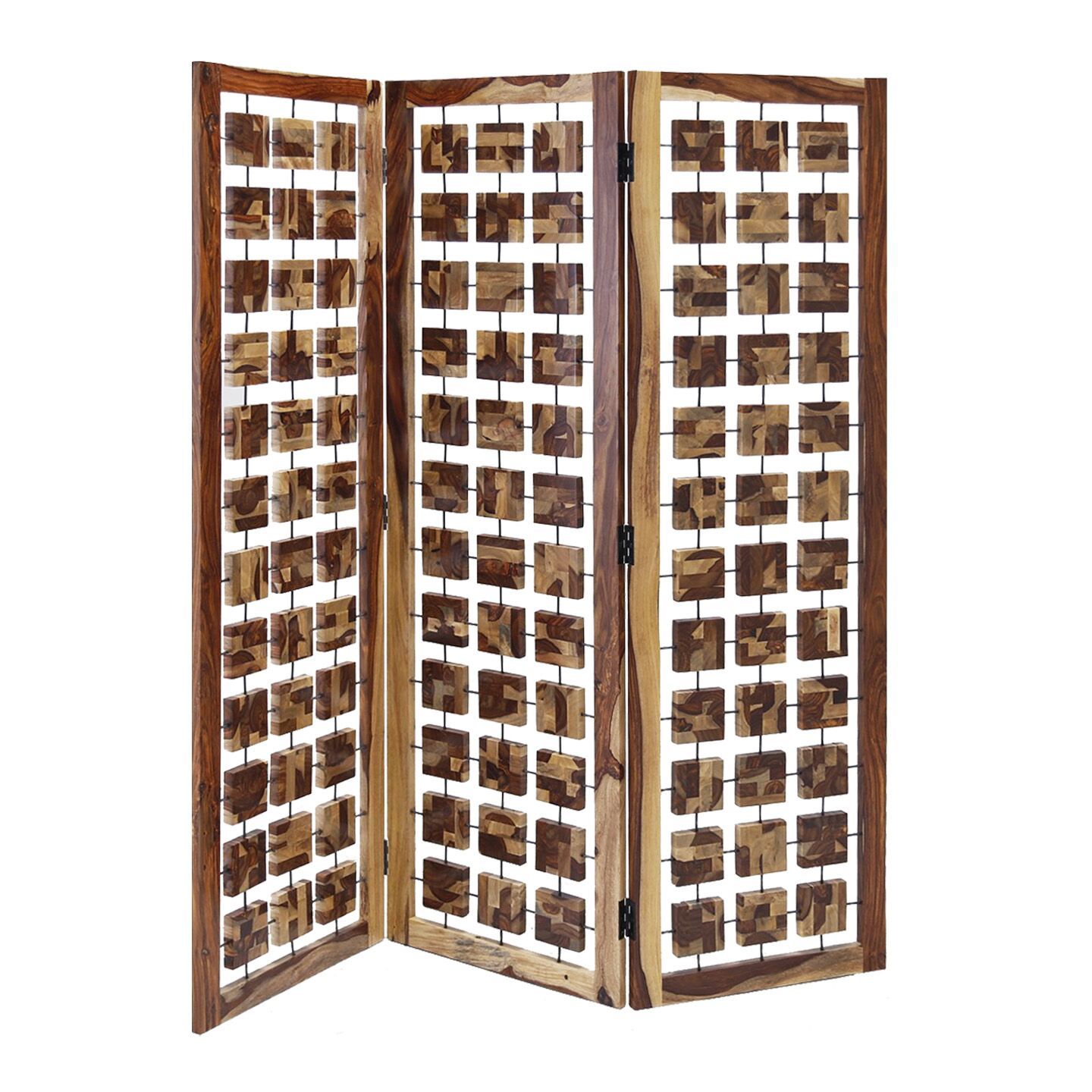 Three-panel room divider screen made of natural sheshaam wood, showcasing unique colorations and artistic design.