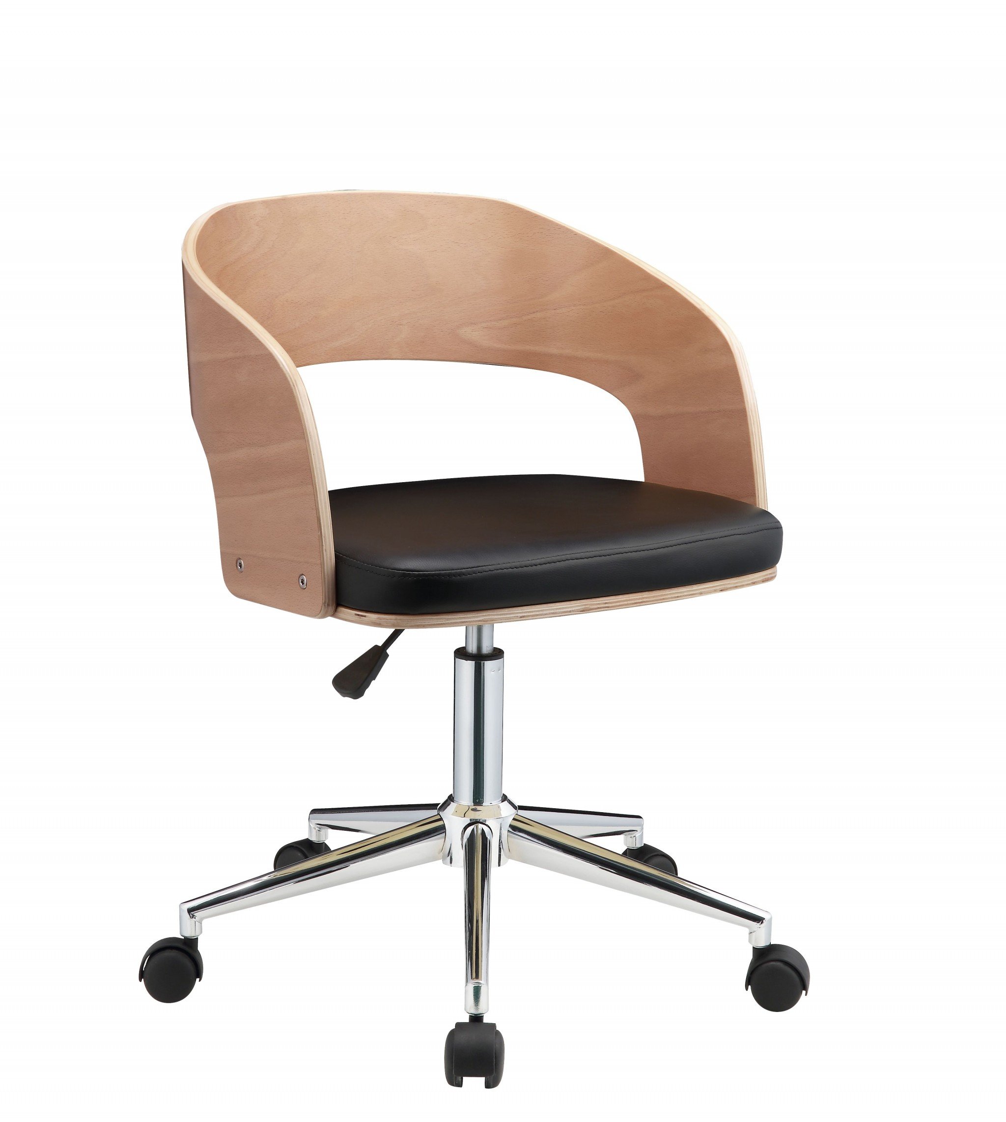 Mod Rolling Black Faux Leather Office Desk Chair with padded seat and backrest, featuring a stylish wooden outline and metal base.