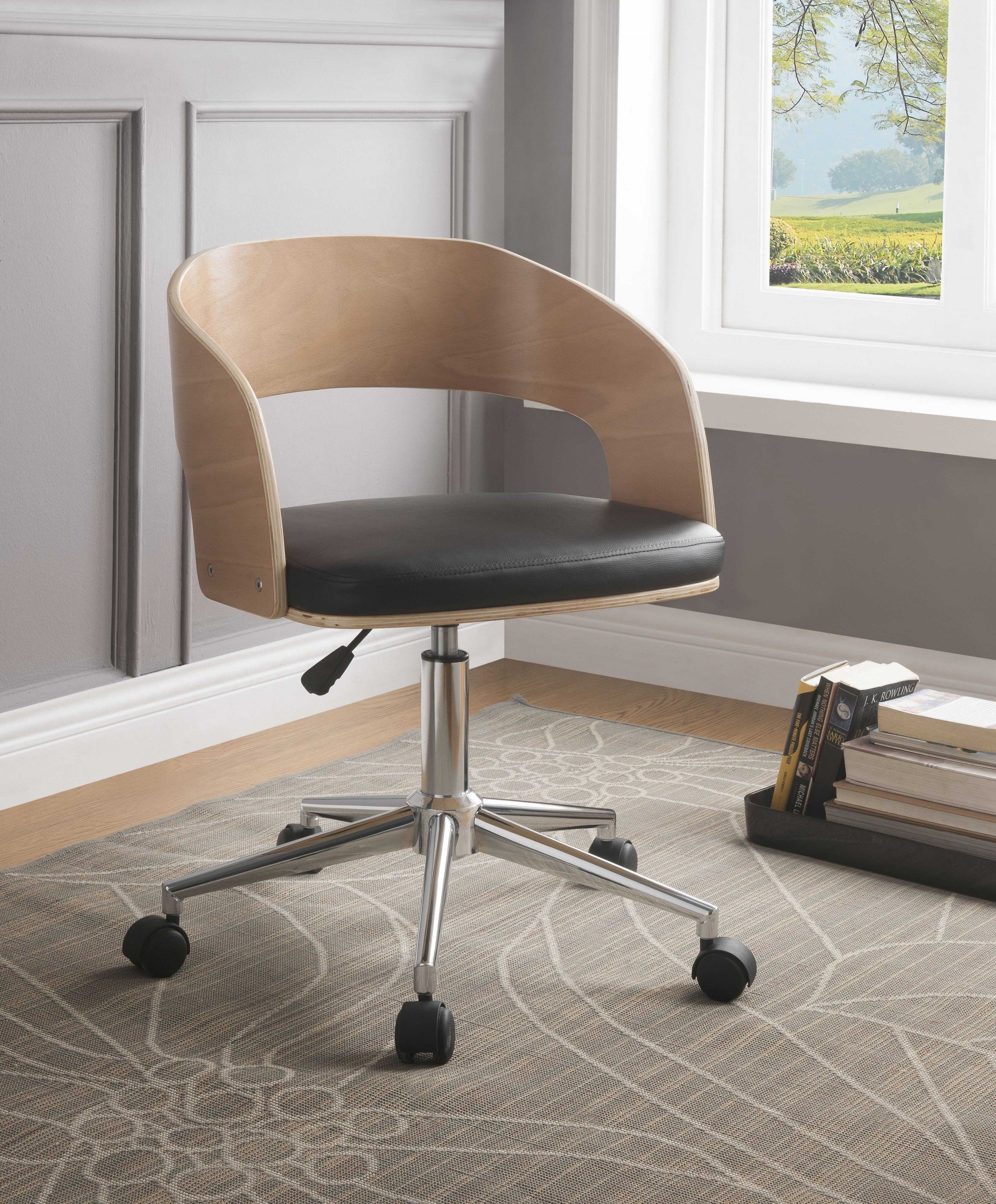 Mod Rolling Black Faux Leather Office Desk Chair with padded seat and backrest, featuring a stylish wooden outline and metal base.