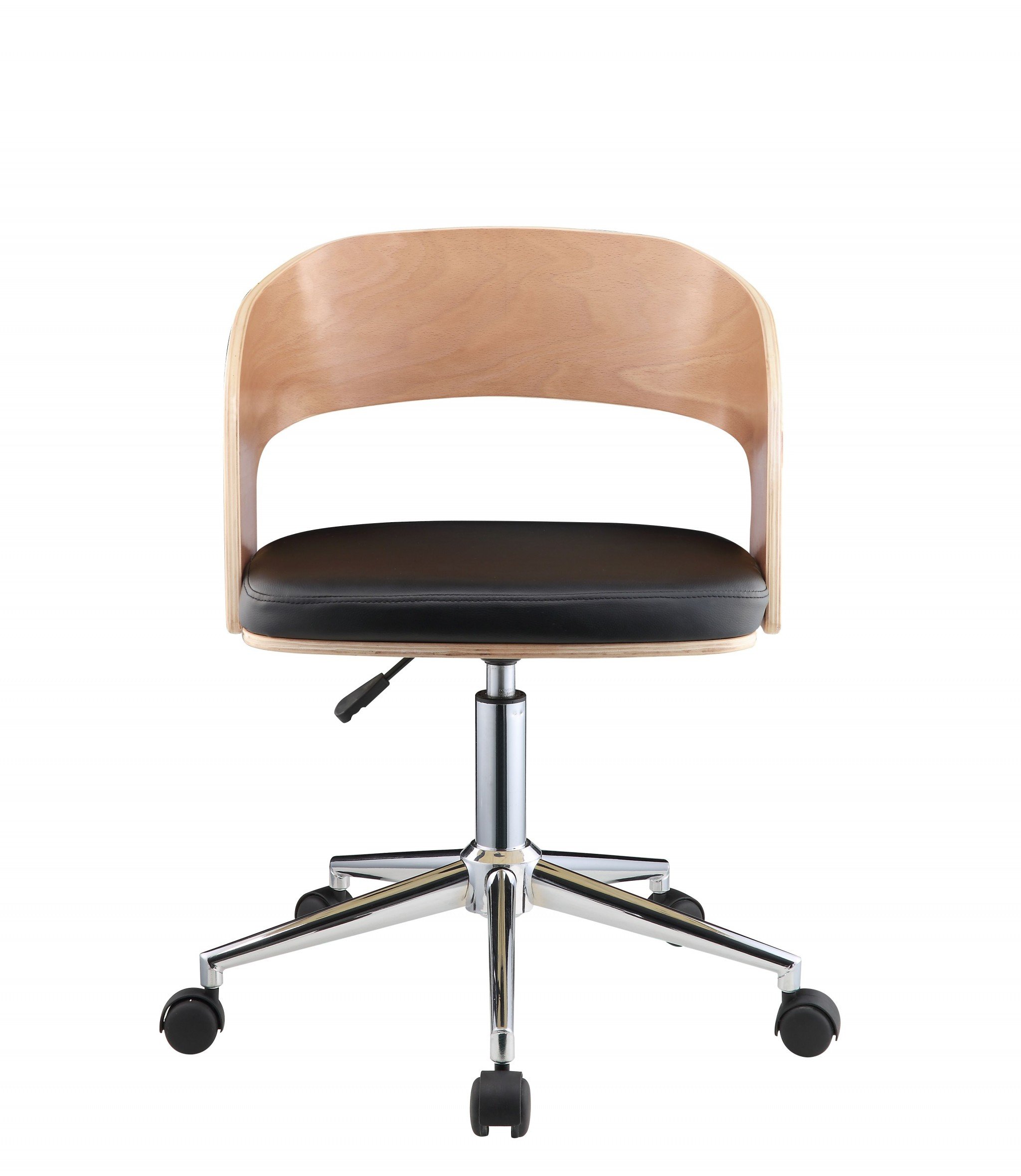 Mod Rolling Black Faux Leather Office Desk Chair with padded seat and backrest, featuring a stylish wooden outline and metal base.