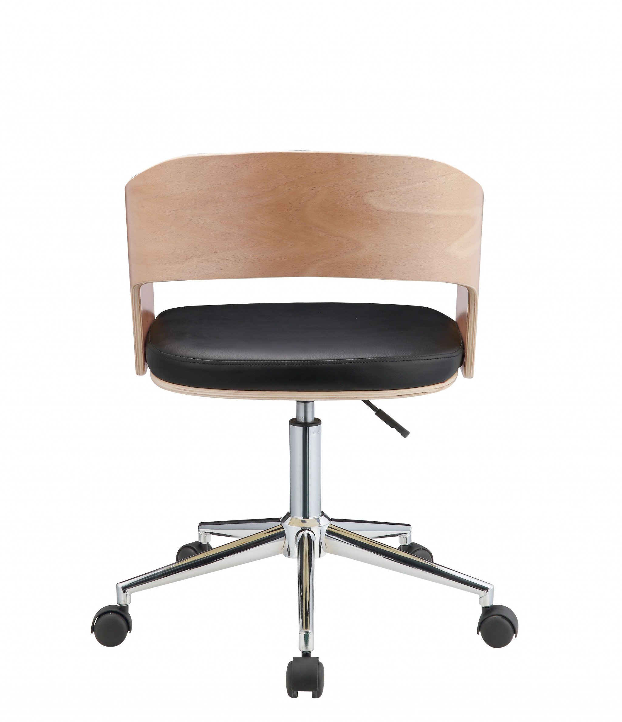 Mod Rolling Black Faux Leather Office Desk Chair with padded seat and backrest, featuring a stylish wooden outline and metal base.