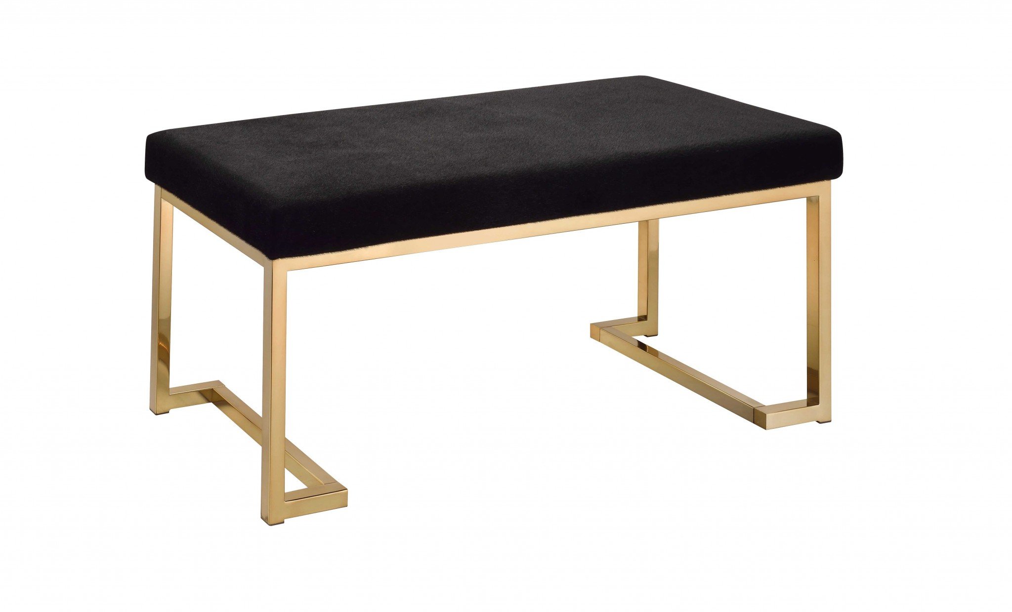 Modern rectangular black padded bench with champagne metal base, showcasing sleek design and comfortable seating.