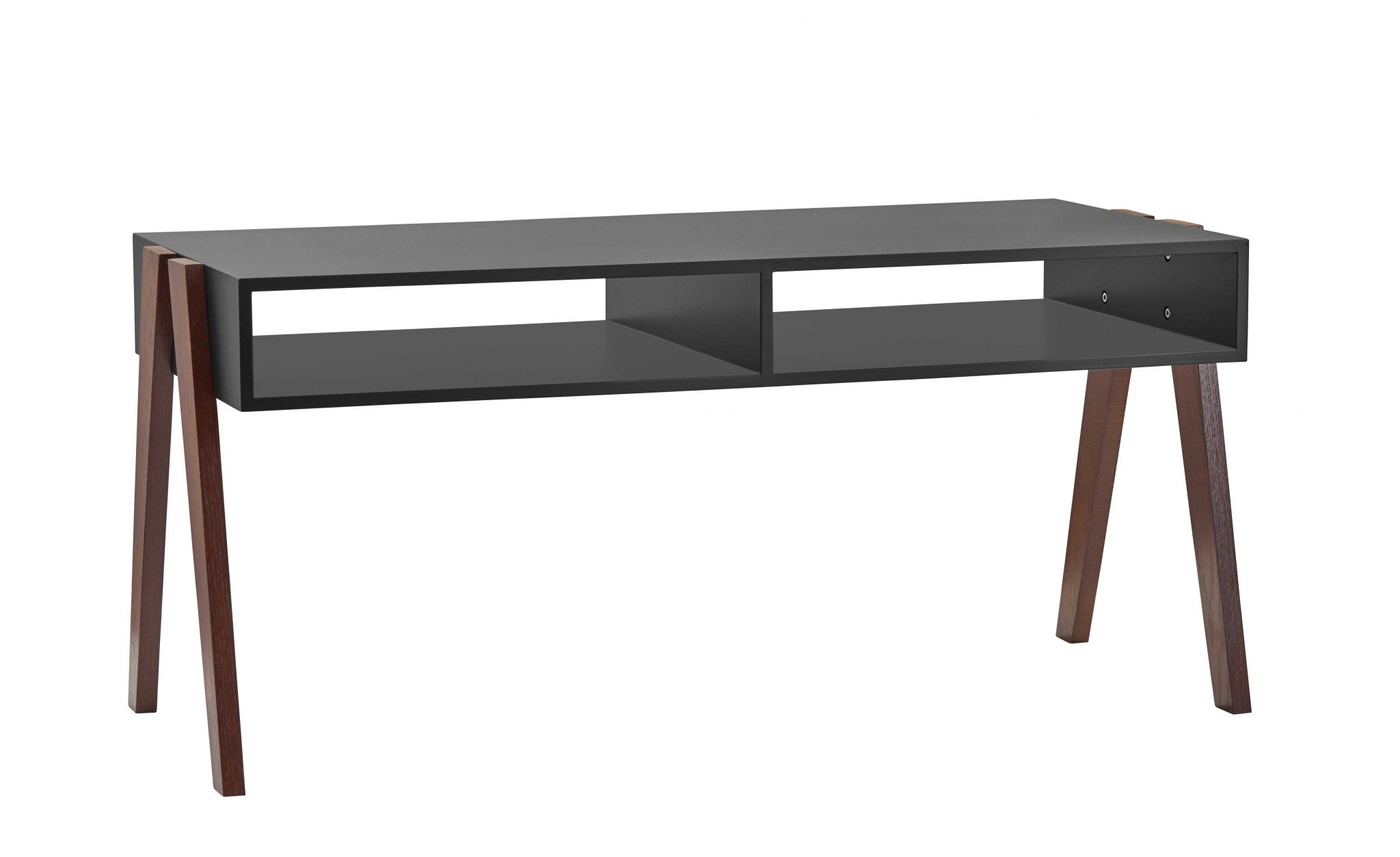 Modern Retro Coffee Table with black top and walnut finish legs, featuring two inner storage cubbies, perfect for living room or TV stand.