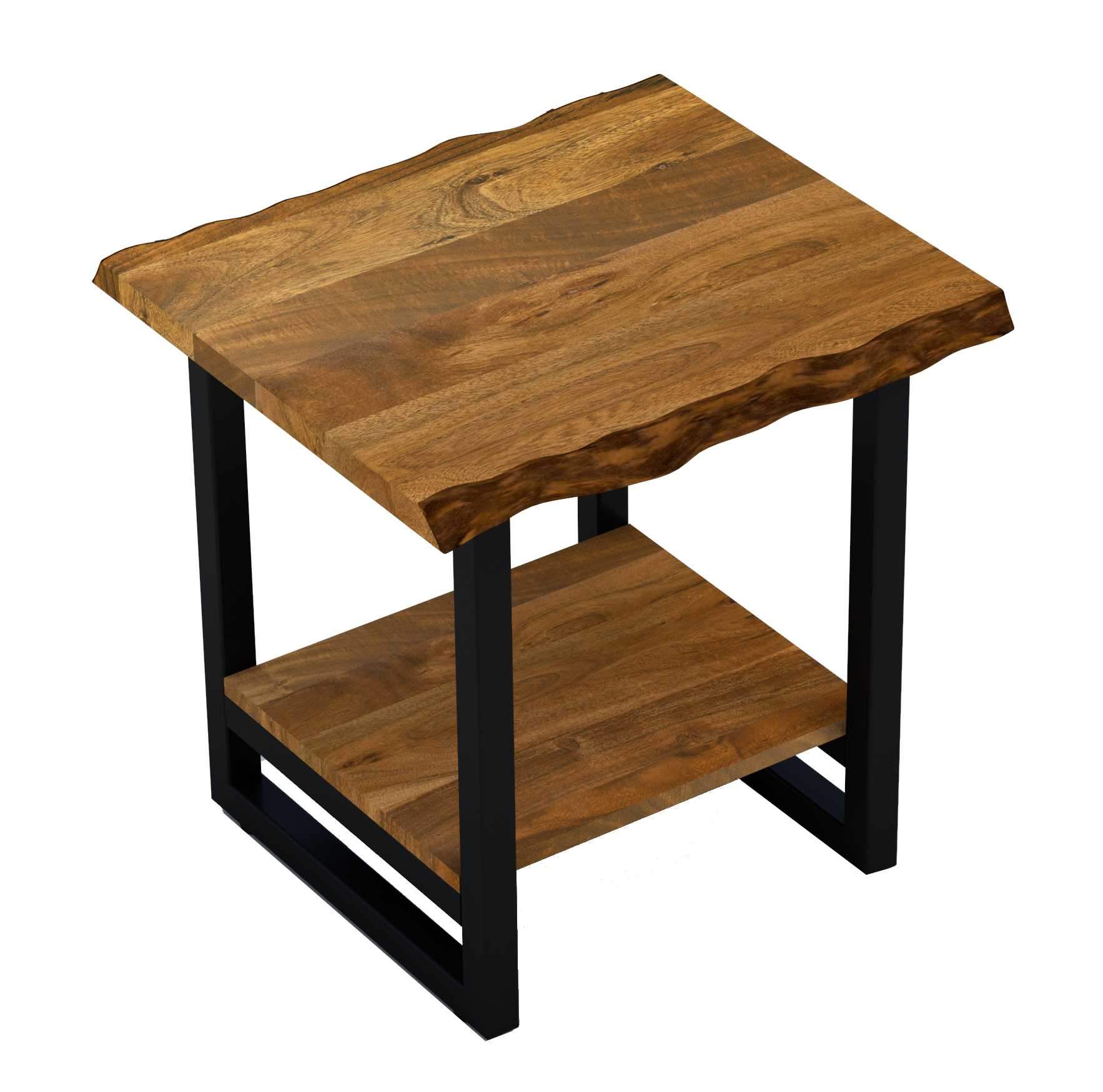 Modern Rustic Live Edge Acacia Wood End Table showcasing natural wood grain and powder-coated metal base, perfect for contemporary interiors.