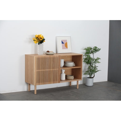 Modern sideboard with four cabinets, showcasing a sleek design and ample storage space, perfect for any living room or entryway.