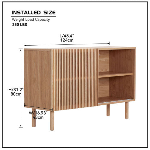 Modern sideboard with four cabinets, showcasing a sleek design and ample storage space, perfect for any living room or entryway.