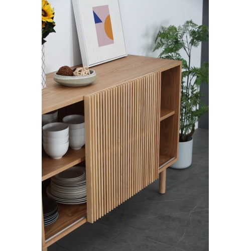 Modern sideboard with four cabinets, showcasing a sleek design and ample storage space, perfect for any living room or entryway.