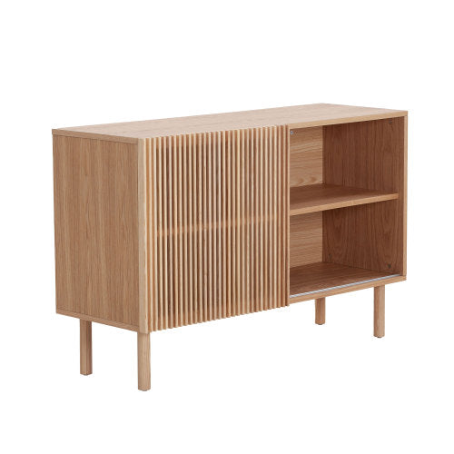 Modern sideboard with four cabinets, showcasing a sleek design and ample storage space, perfect for any living room or entryway.