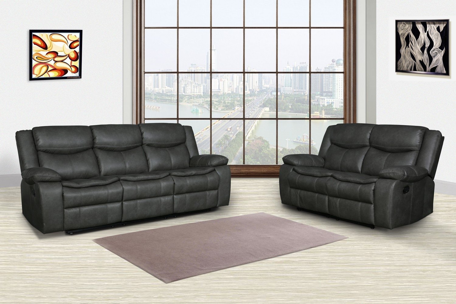 Modern Soft Gray Faux Leather Reclining Sofa with sleek design and comfortable reclining feature, perfect for contemporary living spaces.