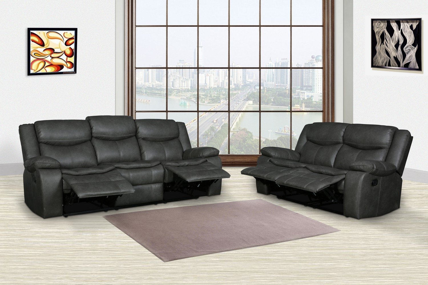 Modern Soft Gray Faux Leather Reclining Sofa with sleek design and comfortable reclining feature, perfect for contemporary living spaces.