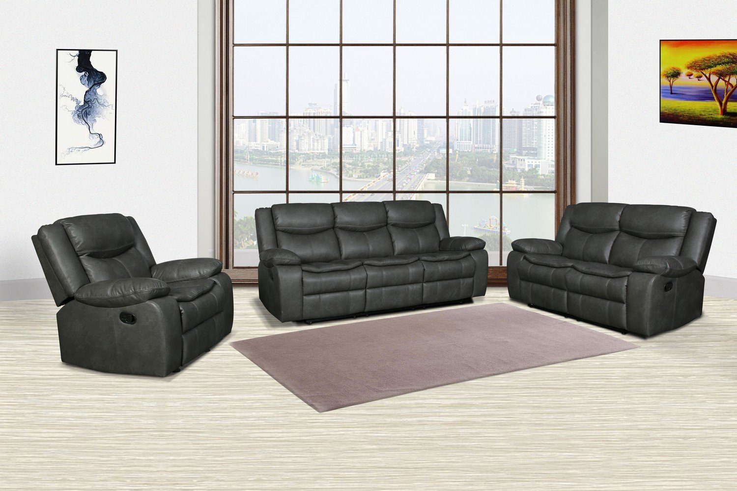 Modern Soft Gray Faux Leather Reclining Sofa with sleek design and comfortable reclining feature, perfect for contemporary living spaces.