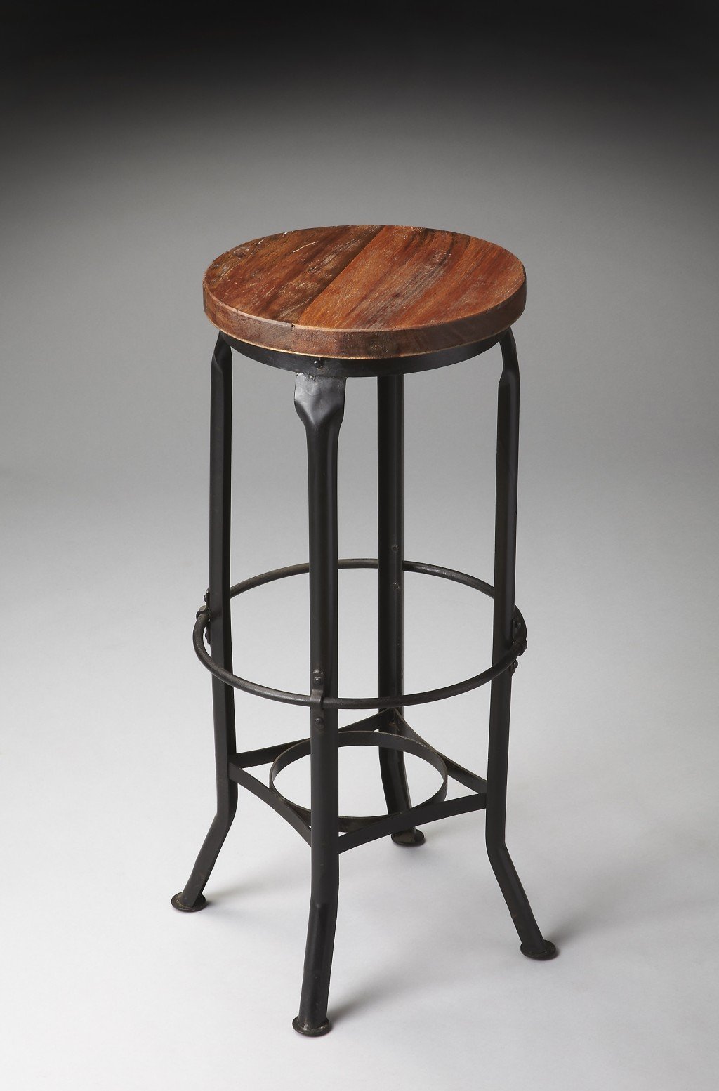 Modern Solid Wooden Round Bar Stool with Distressed Finish showcasing its unique circular design and sturdy iron legs.