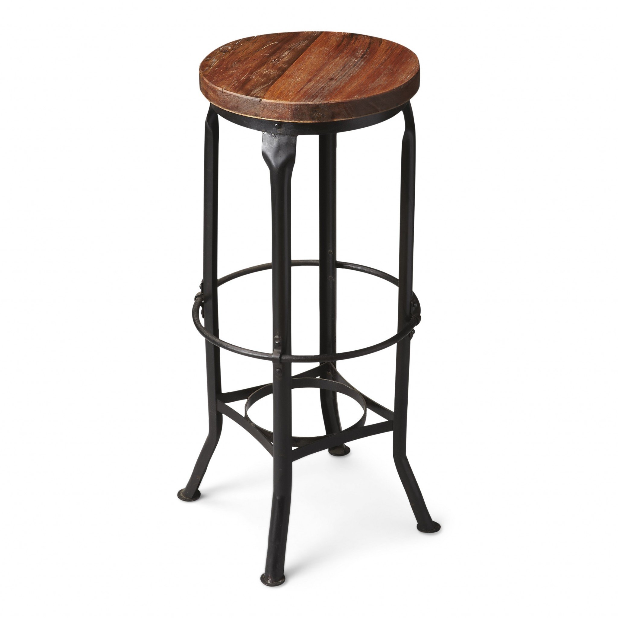 Modern Solid Wooden Round Bar Stool with Distressed Finish showcasing its unique circular design and sturdy iron legs.