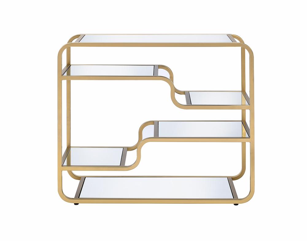 Modern Yet Retro Gold And Glass Bar Table featuring a mirrored top and gold metal frame with floating shelves for wine glass display.