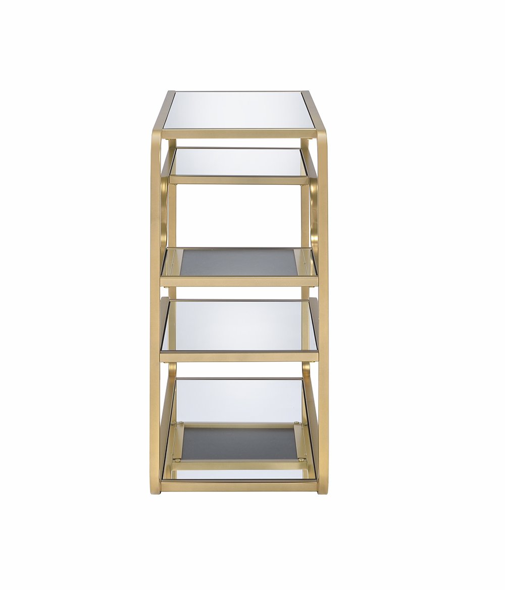 Modern Yet Retro Gold And Glass Bar Table featuring a mirrored top and gold metal frame with floating shelves for wine glass display.